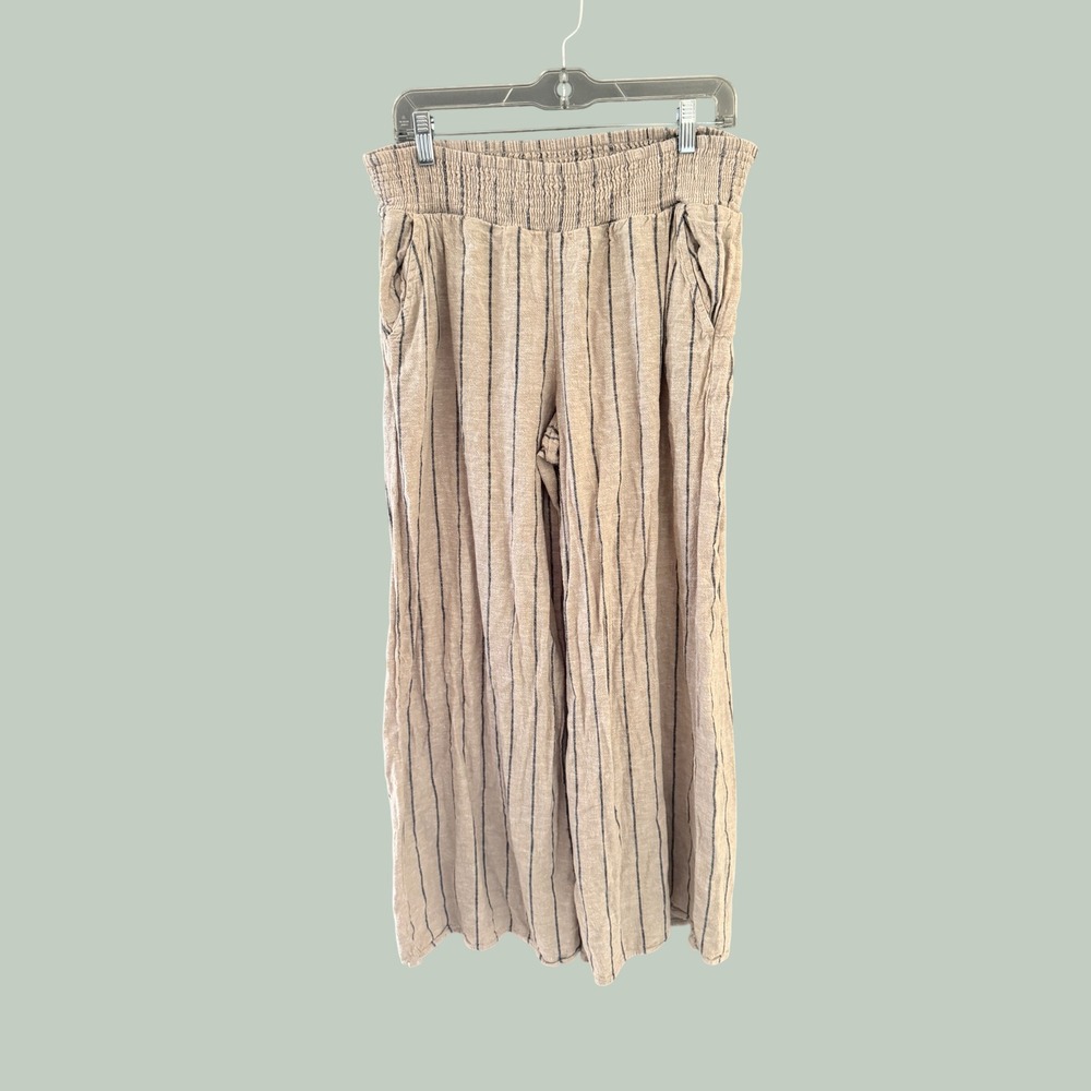 Maurices Womens Large Linen Blend Wide Leg Striped Smocked Waist Pants Beige